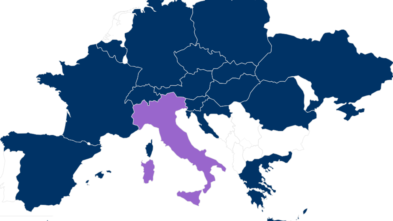 Mappa dei paesi europei con sedi OVB e Italia in viola