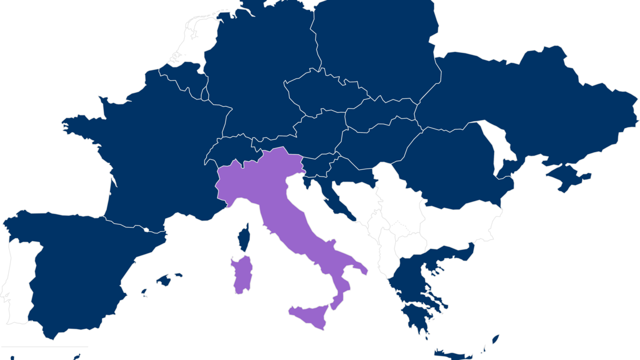Mappa dei paesi europei con sedi OVB e Italia in viola
